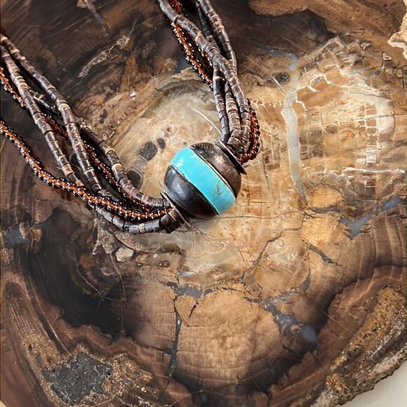 Multi strand, brown wooden and beaded necklace with turquoise - Picture 8 of 11